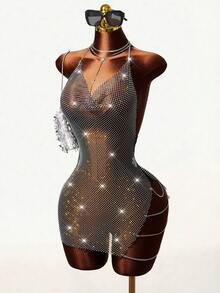 VaVaBold Vestido de malla de rejilla con nudo sin espalda y escote halter sin espalda con detalle de tachuelas de diamantes de imitación sin Set De lencería - Negro - Ver 7