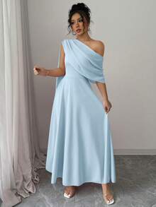 Rafferiza Đầm midi xòe bằng chiffon, kiểu dáng thanh lịch, đa năng, màu xanh dương, thích hợp cho mùa xuân/hè. Phong cách thời trang Pháp sang trọng, thanh lịch, vai lệch, chất liệu chiffon, màu xanh dương. - Màu xanh nhạt - Xem 3