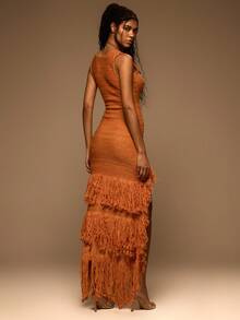 MUSERA 流苏针织圆领修身长裙，春夏优雅度假伊比沙岛俱乐部场合性感晚宴婚礼宾客日落之吻 - 橘色 - 查看 4