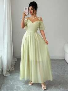 SHEIN Raffinéa 女款優雅鼠尾草綠夏季婚禮賓客洋裝，荷葉邊露肩綁帶百褶A字長版雪紡戶外約會洋裝 - 綠色 - 查看 3