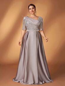 Serin 大码优雅奢华香槟色亮片刺绣拼接缎面不对称领短袖A字连衣裙，适合各种正式场合，新娘母亲礼服 - 香檳色 - 查看 8