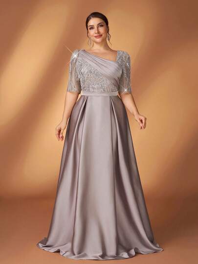 Serin Plus Size Elegant Luxurious Champagne Sequin Embroidery Patchwork Satin Asymmetric Neck Short Sleeve A-Line Dress, Suitable For All Formal Occasions, Bridal Mother Dress