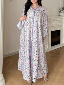Al Najma Plus Size Women Elegant Floral Print Split Sleeve Arabic Style Dress - Multicolor - View 4