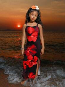 Tween Girls' Summer Vacation Floral Print Camisole Dress - Black - View 1