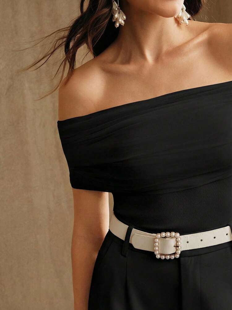 Women's Formal Wear Off Shoulder TopPlus Size Women Elegant Fashionable Minimalist Mesh Patchwork Off Shoulder Knit Blouse, Casual Blouses For Women