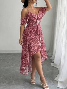 Elenzga 大码女式优雅通勤、外出、约会、度假不对称下摆花卉荷叶边A字连衣裙，春夏款 - 彩色 - 查看 4