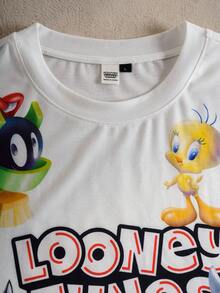 LOONEY TUNES X SHEIN Men's Cute Cartoon Print Short Sleeve T-Shirt And Shorts Pajama Set, Summer - Black and White - View 3