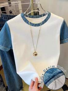 Resyla 撞色牛仔效果女式白色T恤，夏季必备，时尚百搭，送给兄弟姐妹、姐妹、妈妈的理想礼物，母亲节礼物，休闲又不失时尚感的上衣 - 藍色 - 查看 1