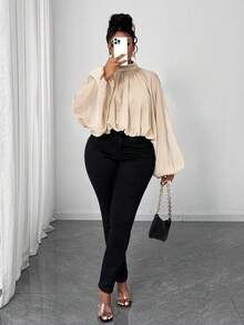 Maweii Plus Size Solid Color Turtleneck Lantern Sleeve Fashionable Cropped Shirt - Apricot - View 3