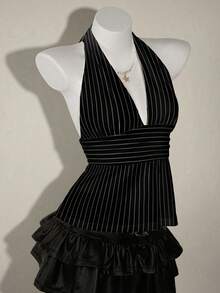 SHEIN ICON 女士休闲修身吊带背心，挂脖式吊带衫，条纹印花，娃娃裙摆，露背设计，夏季女士服装 - 彩色 - 查看 3