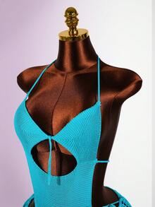 SaltGleam SaltGleam 性感露背夏季吊带背心和亮片装饰半裙两件套，休闲度假装 - 藍色 - 查看 5