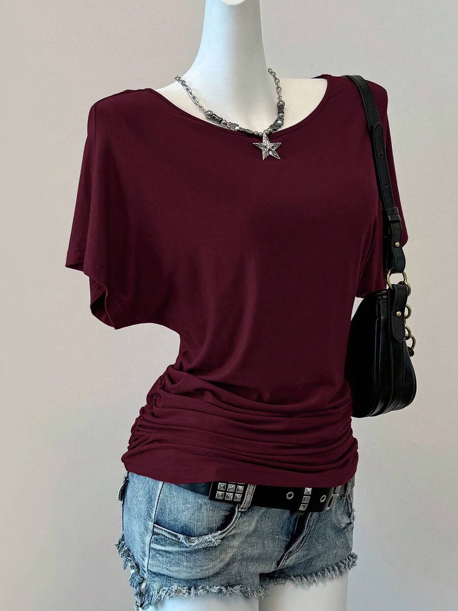 SHEIN EZwear 夏季音乐节无花果色针织蝙蝠袖女式T恤酒红色上衣深红色上衣女式短袖上衣纯色上衣女式休闲装女式短袖上衣女式上衣女式衬衫女式新款T恤 - 乾枯玫瑰色 - 查看 1