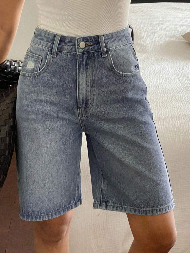 Women's Summer Raw Hem Straight Leg Bermuda Shorts, Casual Street Style Denim Shorts Jorts