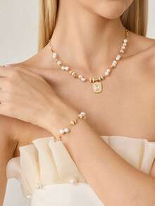 MOTF PREMIUM 欧美时尚淡水珍珠拼接十字手链，女士设计感十足的金属缠绕珍珠手链，时尚手链 - 彩色 - 查看 3