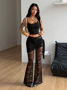 Coolane Women's Spring/Summer Concert Outfit Streetwear Y2K Casual Party Vacation Outfits Sexy Stretchy Lace Straps Bustier Low Rise Bell Bottoms - Black - View 2