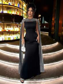 Elenzga Women's Elegant Luxurious Black Satin Long Sleeve Evening Dress,Autumn Sequin Strapless Waist Cinched Gowns,Formal Parties Galas & Dining Dress - Black - View 6