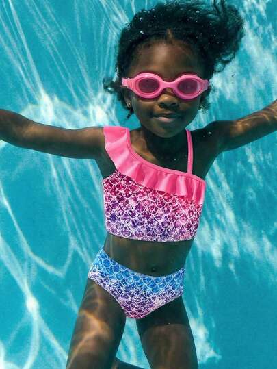 Maija Kids Maija Kids 2pcs Young Girls Elegant Cute Ombre Mermaid Scale & Ruffle Trim Halter Bikini Swimsuit Set, Suitable For Beach, Pool, Vacation, Holiday, Spring, Summer