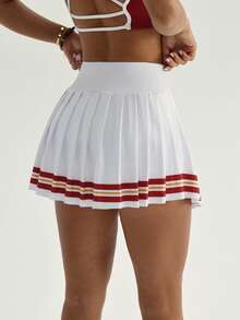 CourtClass 女士运动半身裙，白色条纹百褶裙，带短裤内衬和口袋，适合日常休闲穿着、跑步、瑜伽、健身、网球、高尔夫等运动。 - 白色 - 查看 6