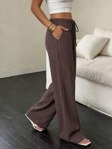 Easowa Women's Striped Tie-Waist Straight Leg Loose Casual Pants - Brown - View 5