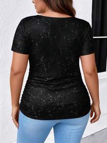 EMERY ROSE 女士时尚纯色褶裥侧缝T恤，银色压纹舒适上衣。 - 彩色 - 查看 2