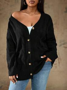 Truni Áo khoác Cardigan vá túi thả vai Plus, cho mùa đông - màu đen - Xem 8