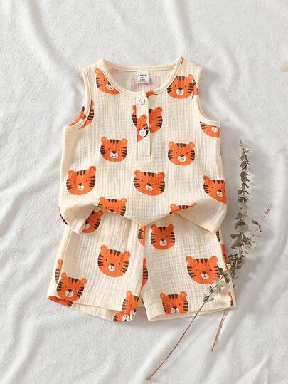 SHEIN Vintaside Kids 男婴夏季米色和橙色可爱卡通老虎印花无袖背心和短裤套装，适合休闲外出、玩耍、运动休闲、家庭聚会、朋友聚会和派对。