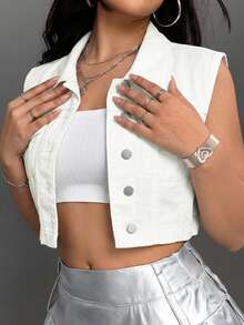 SHEIN ICON Summer Casual Solid Color Cropped Denim Vest - White - View 6