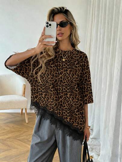 SHEIN LUNE Women's Casual Leopard Print Solid Color Asymmetric Hem Lace Patchwork T-Shirt, Versatile Daily Wear, Spring/Summer Leisure Top, Suitable For Vacation, Summer, Spring, Spring Break And Various Occasions, Including Beach Dress, Casual Shirt, Outerwear And Summer Top