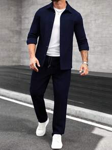 Manfinity CasualCool Men's Long Sleeve Shirt Collar Button-Up Shirt And Pants Set, Autumn/Winter - Navy Blue - View 4