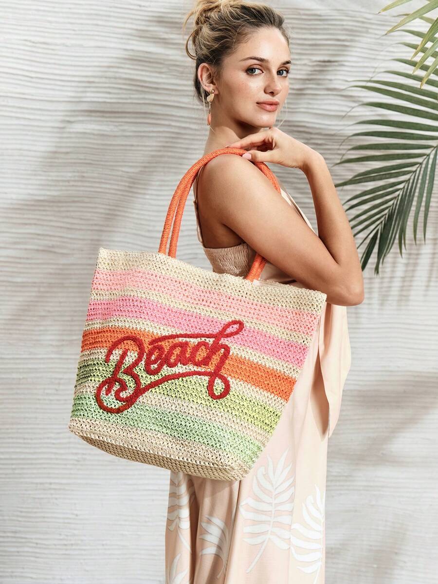 SHECARRY Women's Tote Bag, Fashionable Colorful Striped Woven Shoulder Bag - Pink - View 1
