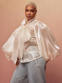 Vixey Áo kiểu tay phồng, cổ buộc dây, chất liệu organza mỏng nhẹ. - Vàng nhạt - Xem 2