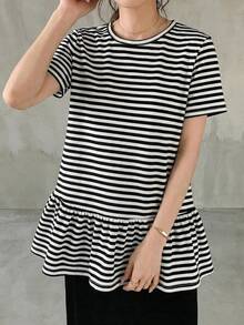 Camiseta de manga corta con cuello redondo y estampado para niñas preadolescentes, de verano - Blanco y Negro - Ver 3