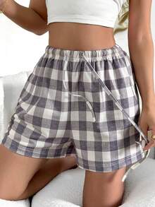 DAZY Plaid Pattern Loose Fit Shorts, Women Summer Casual Sleepwear Bottoms - Grey - View 4