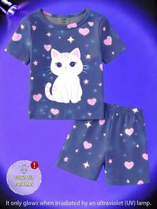 4件套女婴贴身睡衣套装，可爱猫咪爱心夜光印花，弹力针织面料，短袖上衣和裤子 - 紫色 - 查看 5