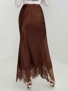 Aloruh 女士纯色极简蕾丝半身裙 - 咖啡棕 - 查看 2