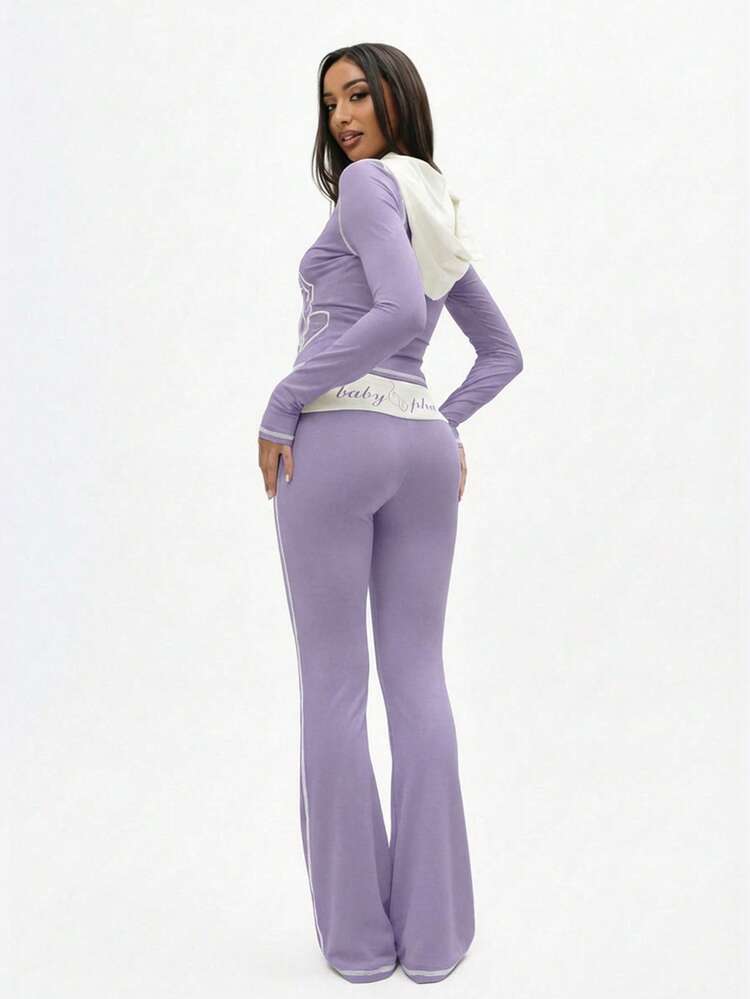 BABYPHAT Lavender Contrast Detail Flare Leggings With White Piping High Rise Bell Bottom Style Fall Fashion Women