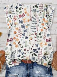 EMERY ROSE Plus Size Women Summer Casual Vacation Floral Print V-Neck Ruffle Armhole Blouse - Multicolor - View 2