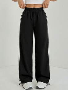 SHEIN Tall Y2K街头风百搭阔腿裤，低腰抽绳腰带撞色滚边裤 - 黑色 - 查看 4