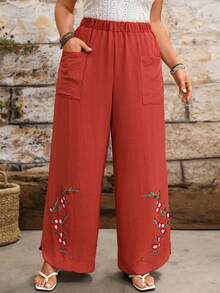 EMERY ROSE Plus Size Women's Woven Regular Spring/Summer Casual Comfortable Minimalist Embroidered Hem Side Button Rust Brown Wide Leg Pants - Rust Brown - View 3