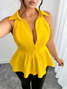 Elenzga Áo sơ mi nữ cỡ lớn thanh lịch, màu trơn, không tay, cổ bẻ, viền bèo, kiểu dáng lãng mạn, thích hợp cho hẹn hò, hẹn hò, công sở, thường ngày, bộ sưu tập Xuân/Hè mới. - Màu vàng - Xem 6
