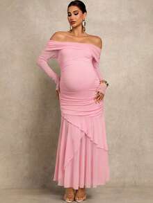 MaterniChic Elegant Solid Color Off-Shoulder Long Sleeve Maternity Dress - Baby Pink - View 4