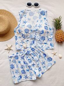 Comfortcana Women's All-Over Print V-Neck Tank Top And Shorts Casual 2 Pieces Set - Baby Blue - View 7