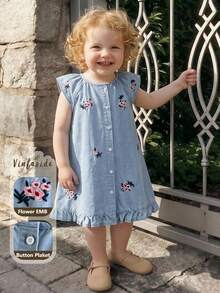 Toddler Girls' A-Line Dress, Summer New Cute Pink Floral Embroidery Pattern, Light Blue Washed Color, Lightweight Denim Fabric, Ruffle Trim & Flutter Sleeve Design, Playful & Sweet Style, Suitable For Various Occasions Like Vacation & Casual Wear - Blue - View 3