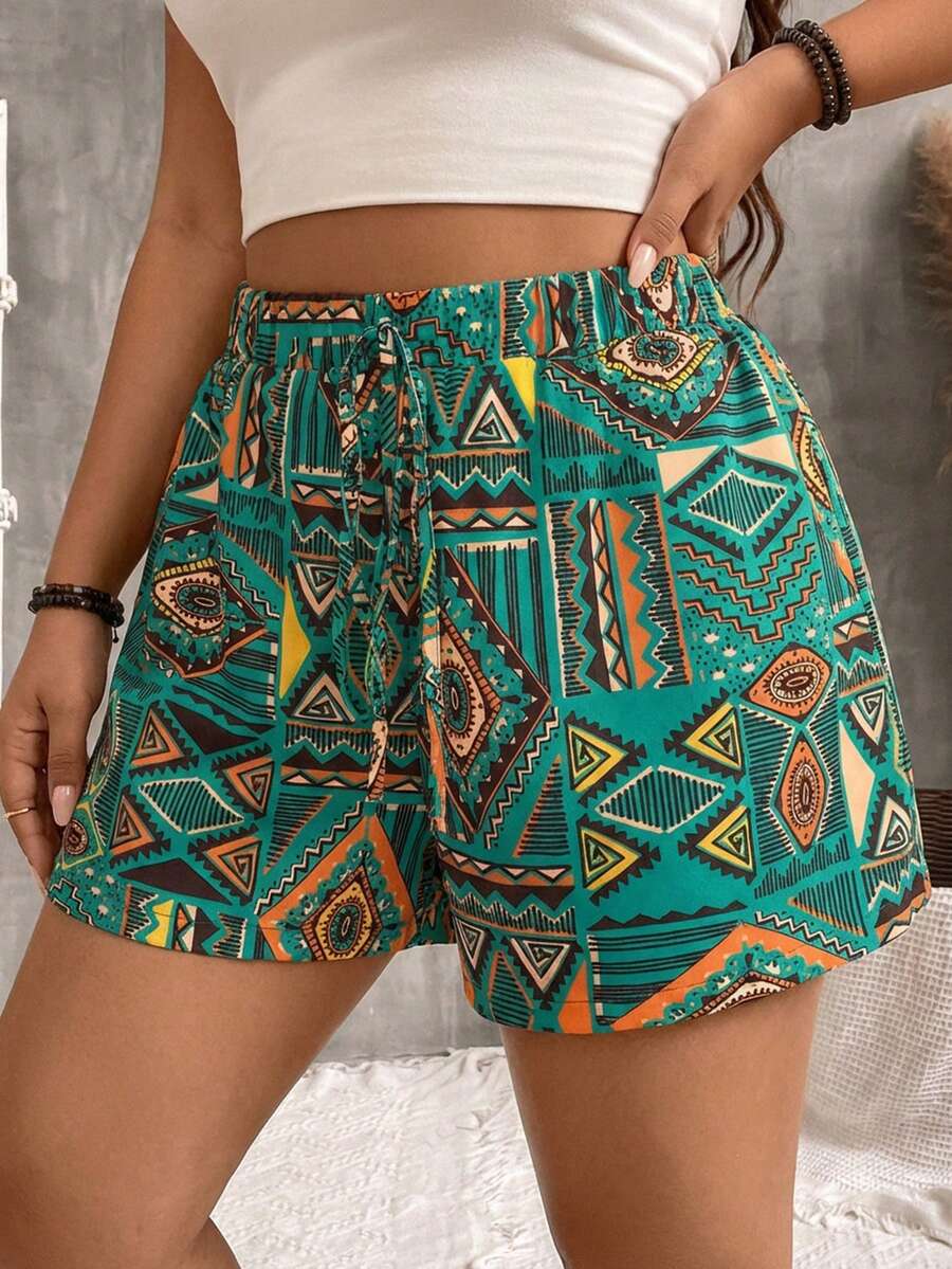 SHEIN VCAY Quần short dáng rộng, in họa tiết hình học nhiều màu sắc, kiểu dáng thường ngày, cỡ lớn. - màu xanh lá - Xem 1