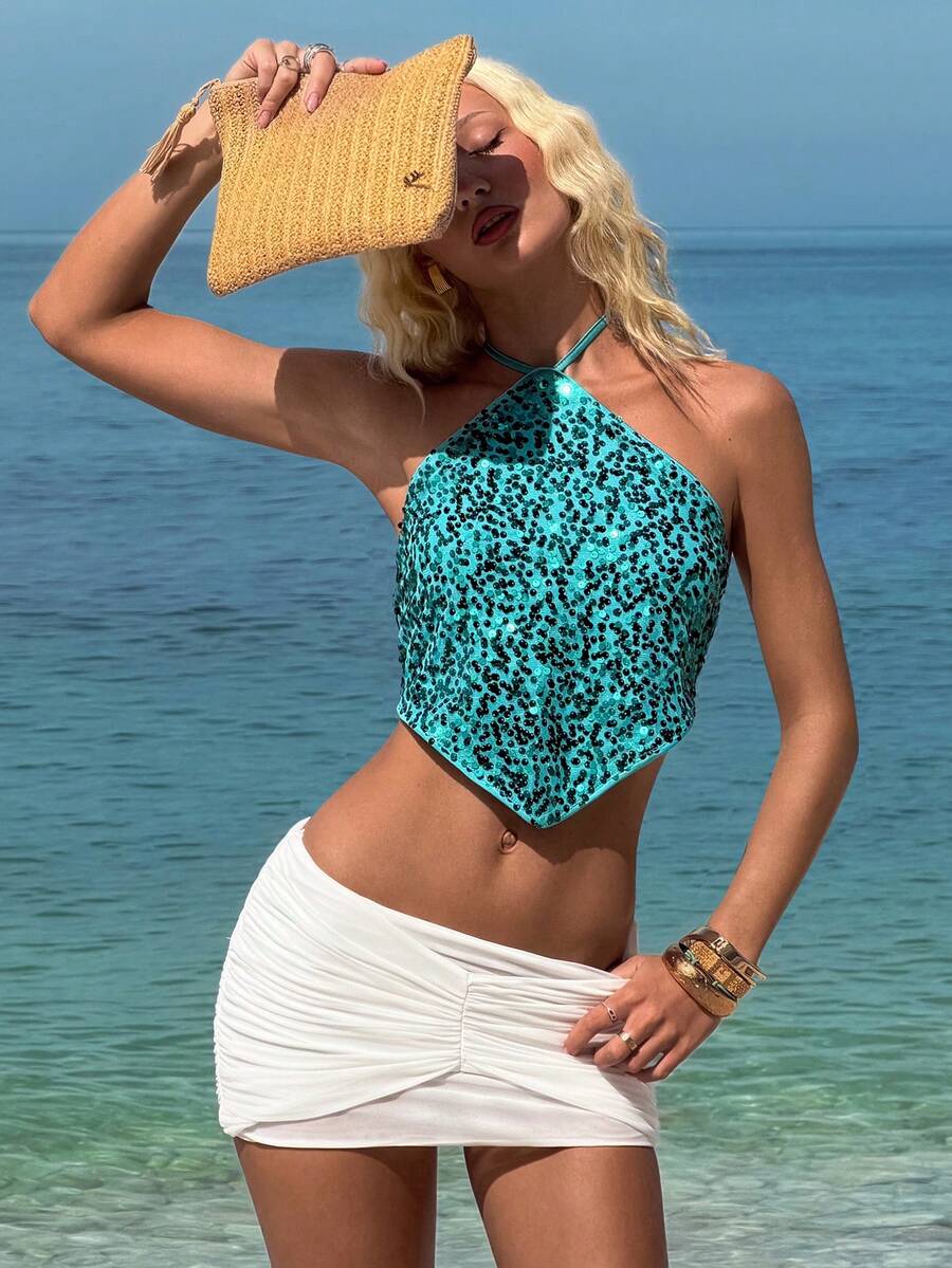 Sundraya 女士度假沙滩亮片露背吊带上衣 - 藍色 - 查看 1