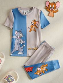 TOM & JERRY X SHEIN 男童圆领短袖休闲可爱印花修身夏季睡衣 - 卡其色 - 查看 1
