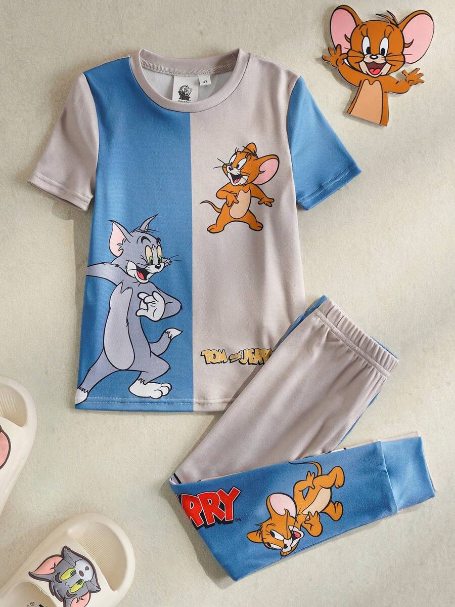 TOM & JERRY X SHEIN 男童圆领短袖休闲可爱印花修身夏季睡衣 - 卡其色 - 查看 1
