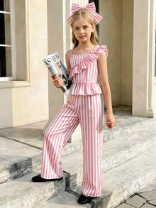SHEIN Tween Girls Striped Cap Sleeve Casual Tank Top Set, Summer - Pink - View 5