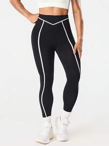 SHEIN Sports 女士无缝黑白条纹紧身裤，适合户外健身和运动 - 黑與白 - 查看 6