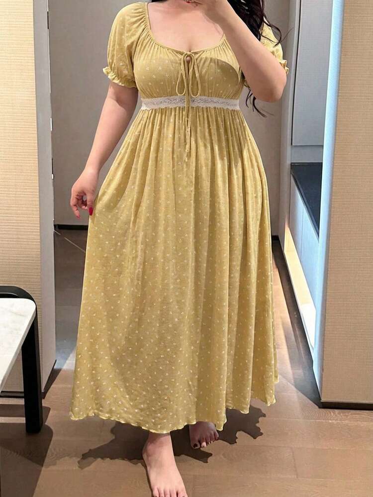 Dazy Plus Elegant Ditsy Floral Scoop Neck Tie-Up Contrast Lace Cinched Waist Long Nightgown With Short Sleeves